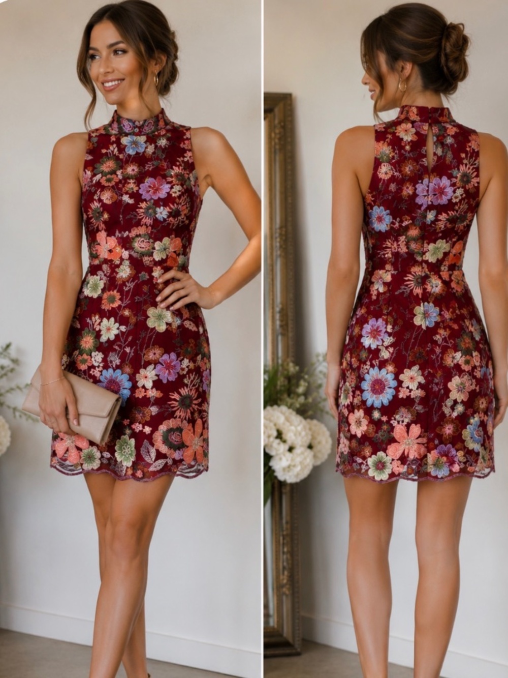 NWT Entro Burgundy Floral Embroidered Mesh Sleeveless Dress